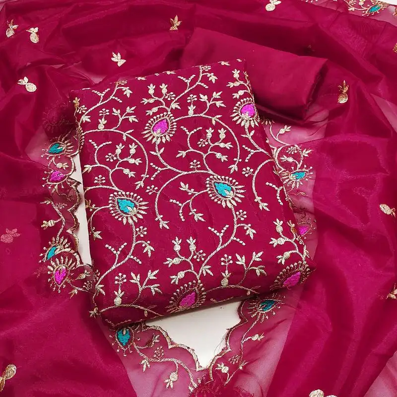 Women's magenta unstitched embroidered twill silk dress material