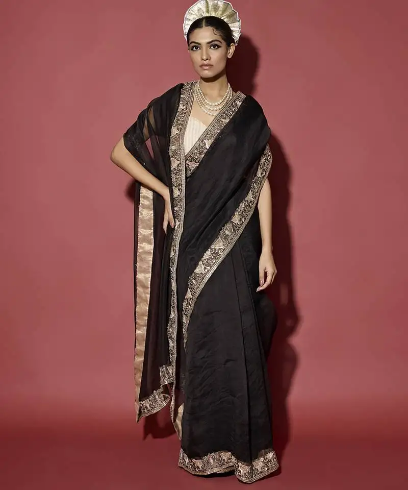 Black plain organza saree with gota patti work