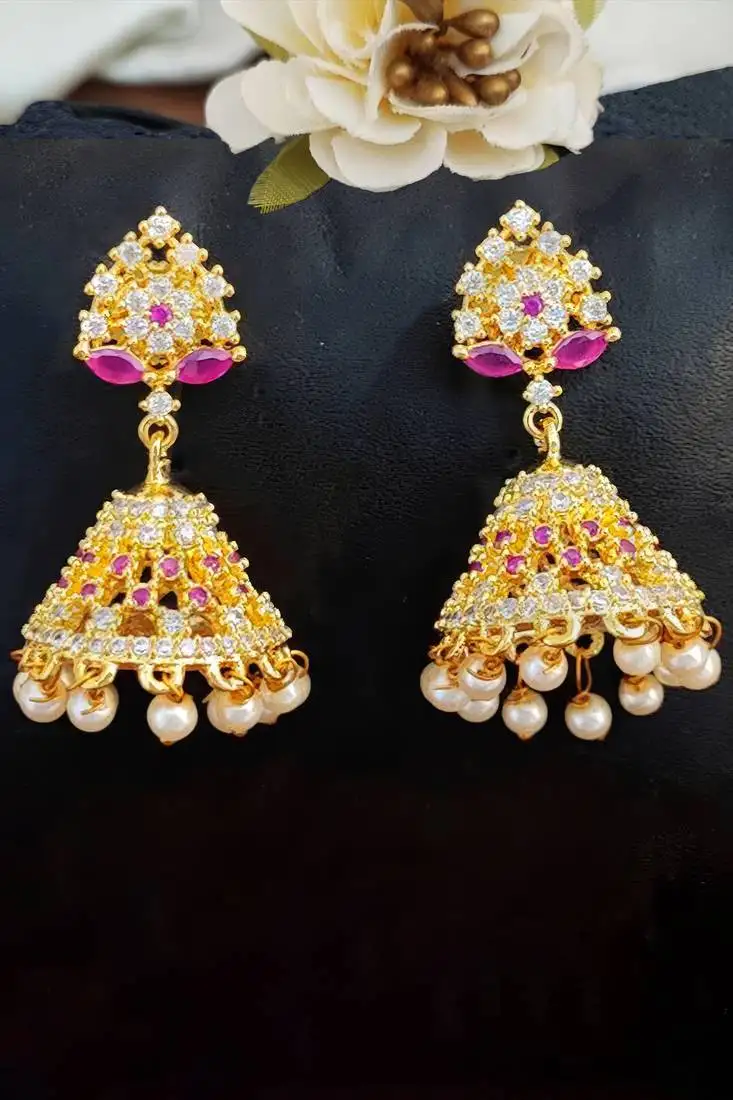 Ruby white short jhumka earrings with full american diamond stone – elegant party wear design