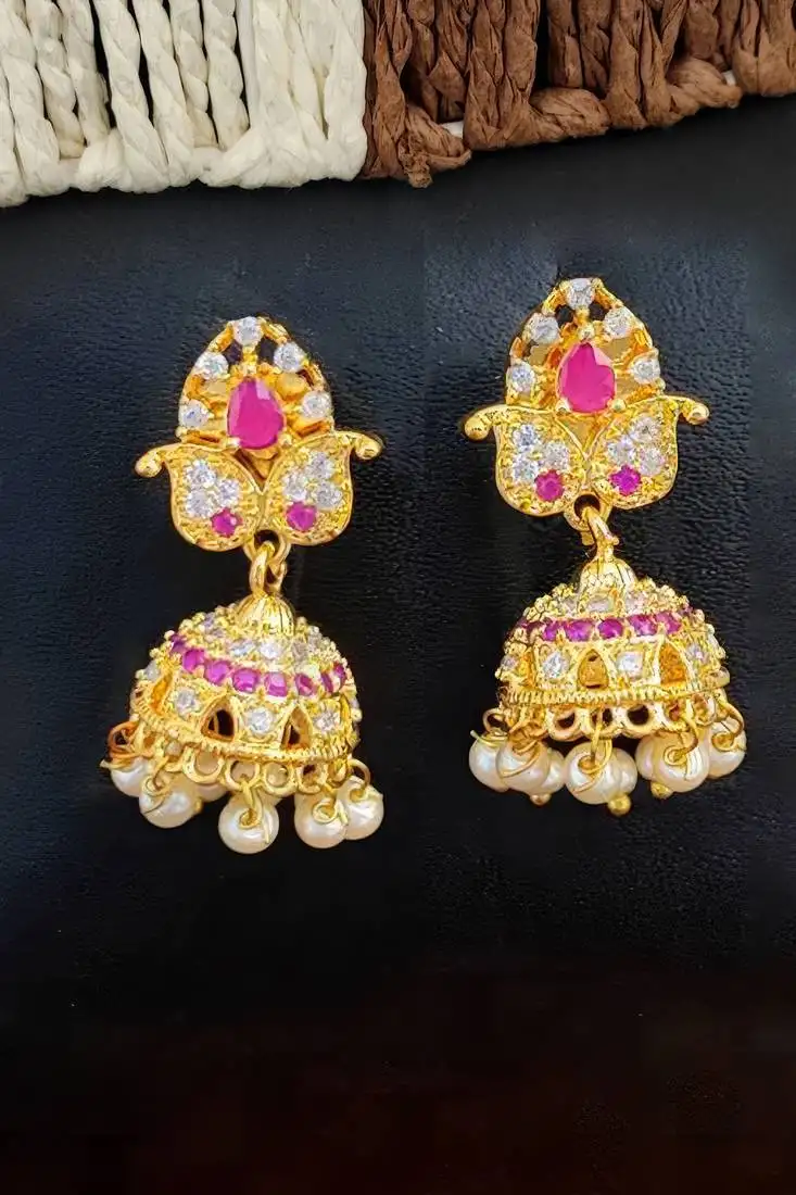 Ruby white american diamond kemp jhumka earrings – full stone traditional south indian style