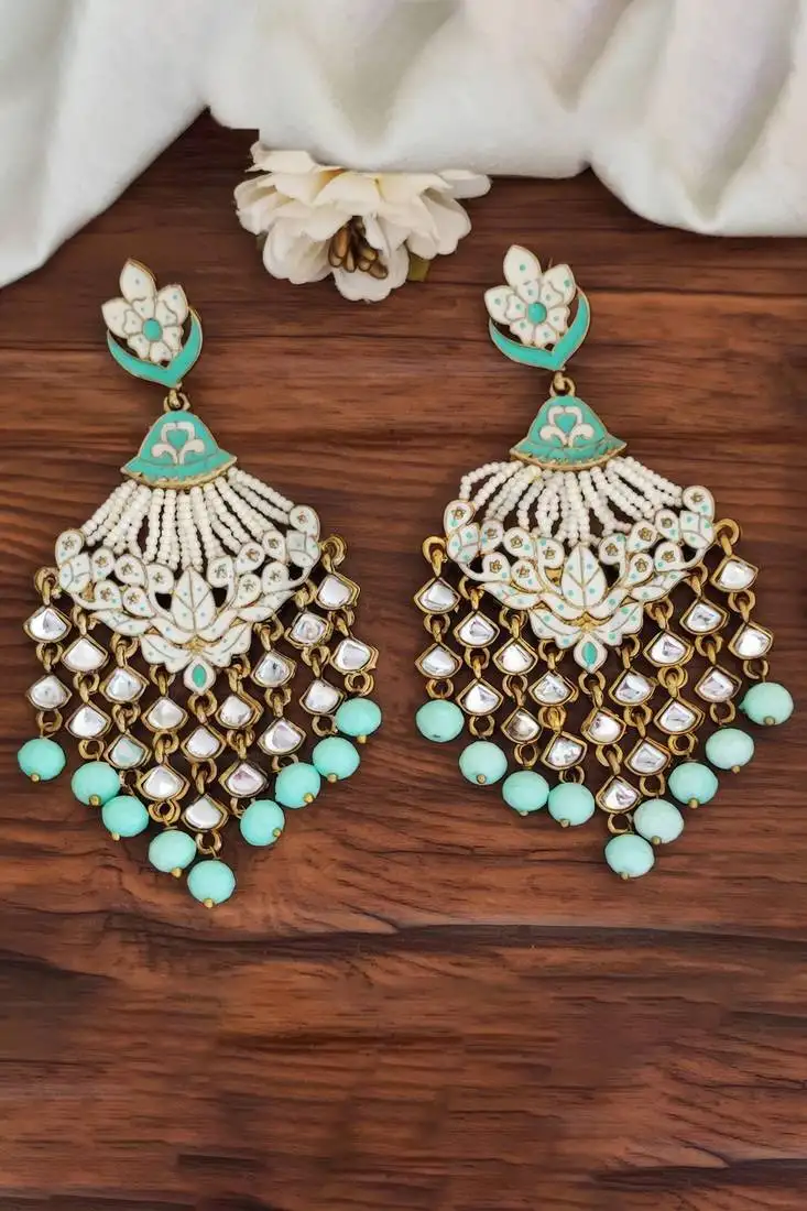 Mint green long meenakari earrings with clustered pearls – designer fancy party wear jewelry for women
