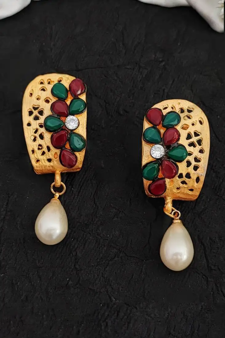 Ruby green high gold polish earrings with clustered pearls – fancy party wear jewelry for women