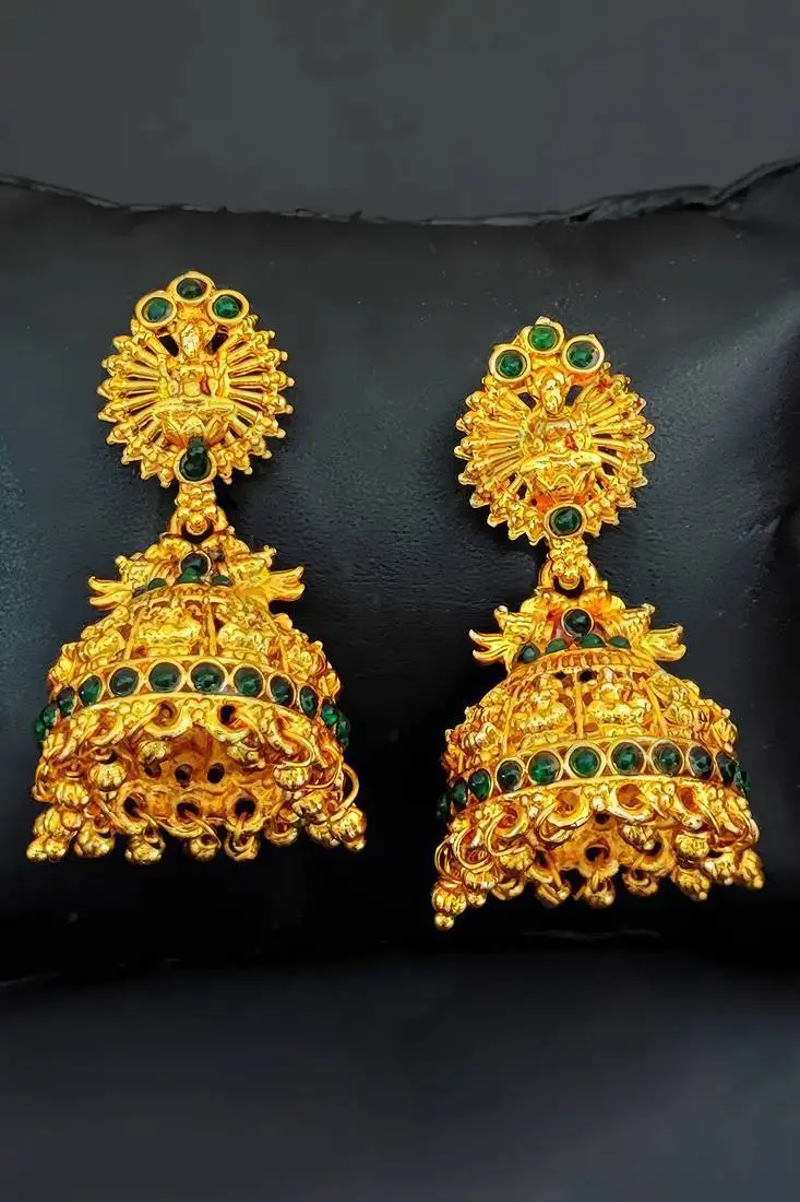 Green south indian temple jhumka earrings – high gold polish traditional jewelry