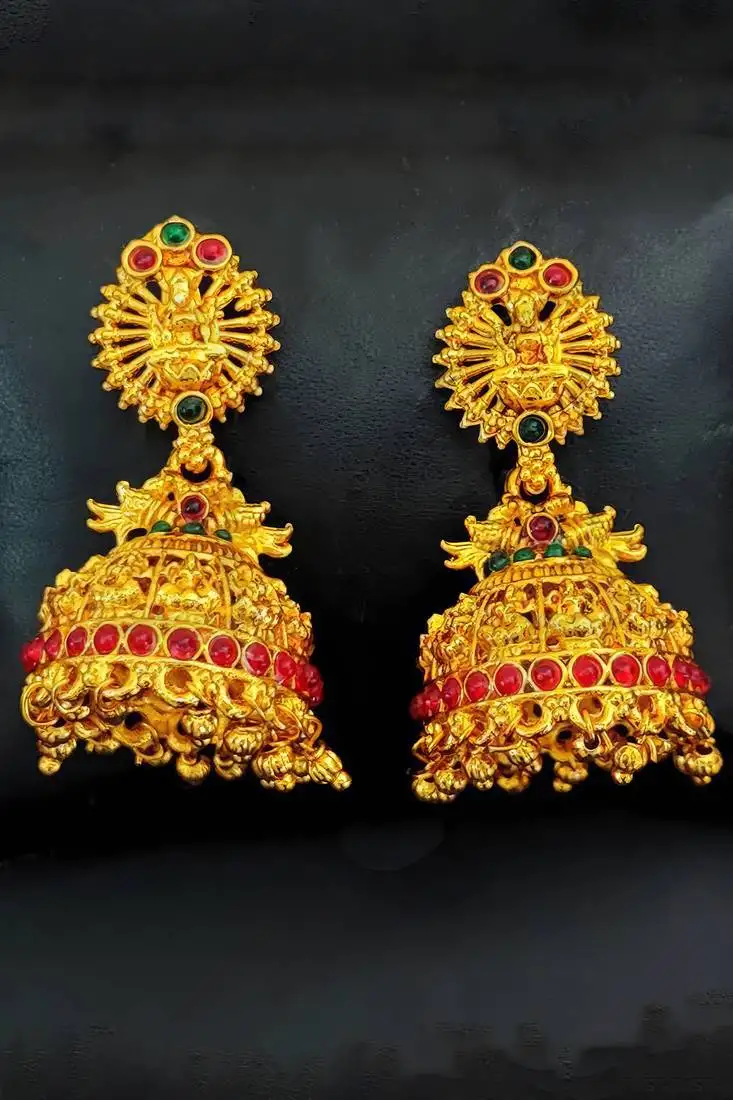 Ruby green south indian temple jhumka earrings – high gold polish traditional jewelry