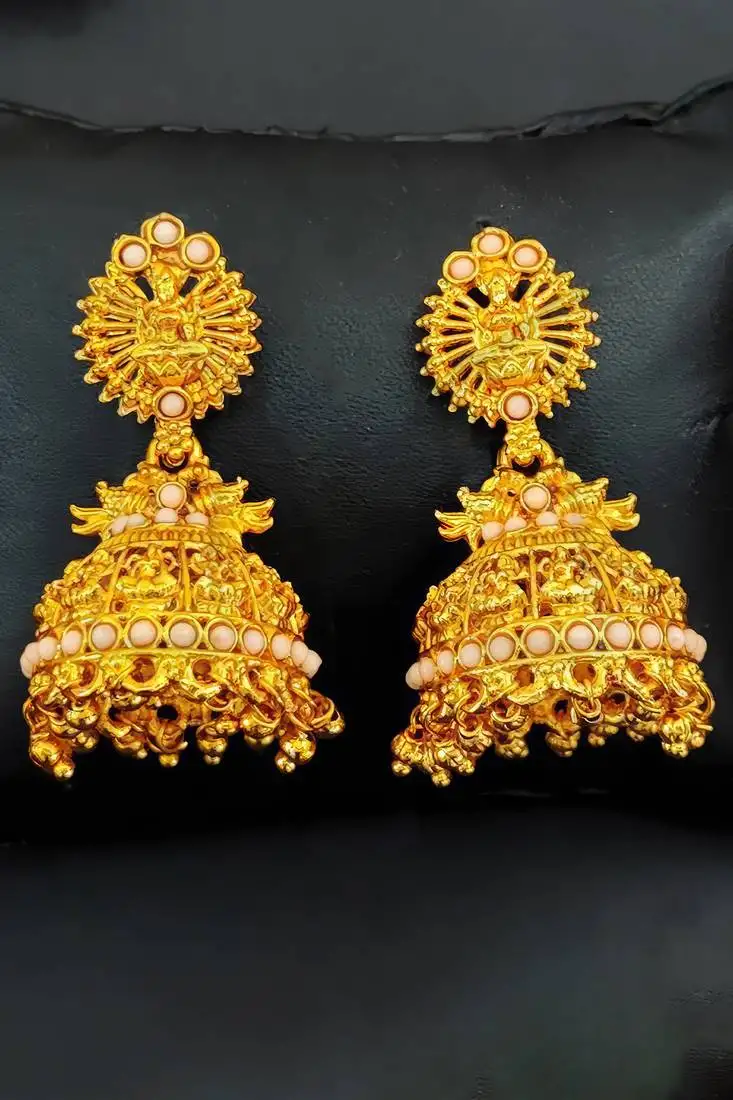 Peach south indian temple jhumka earrings – high gold polish traditional jewelry