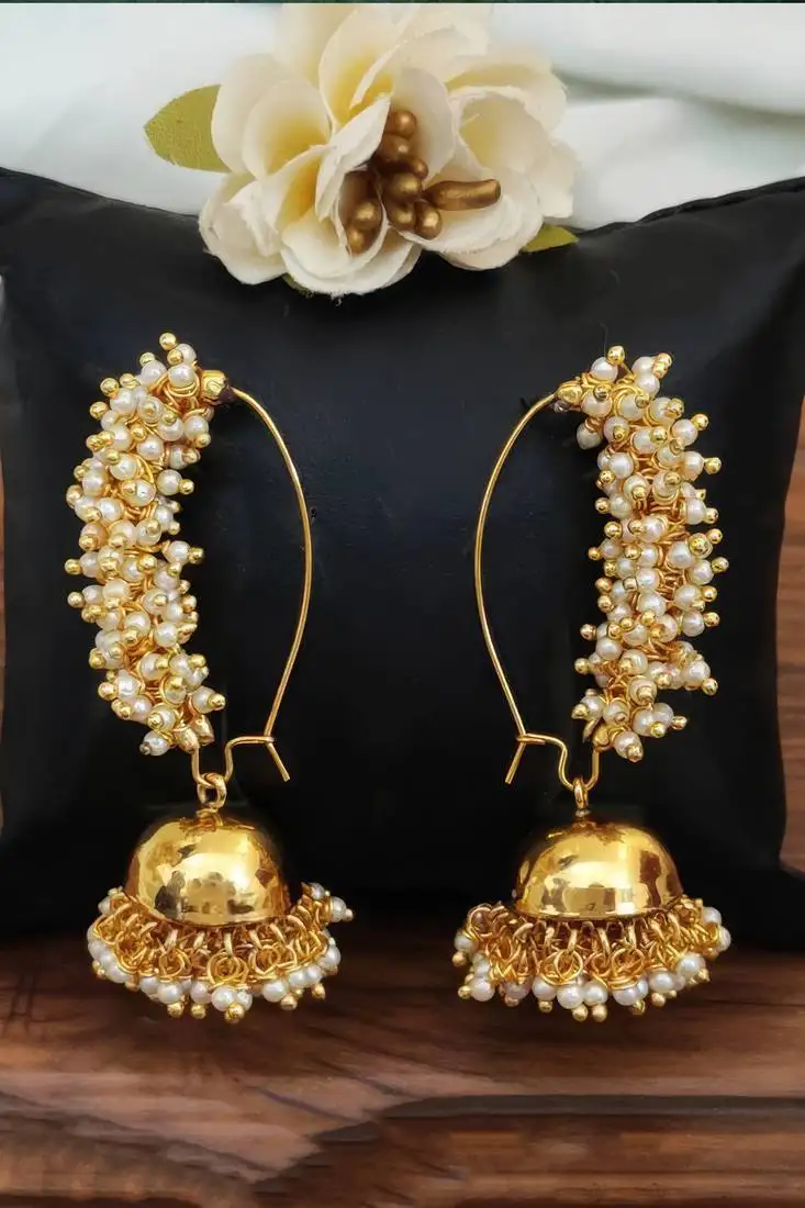 Golden clustered pearl designer fancy style beautiful antique style antique jhumka earring