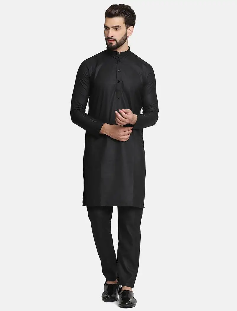 Black cotton solid kurta set