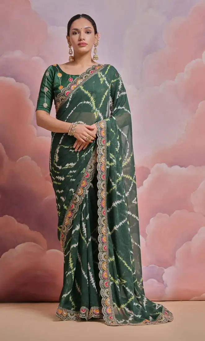 Green tie and dye printed georgette saree with embroidered border