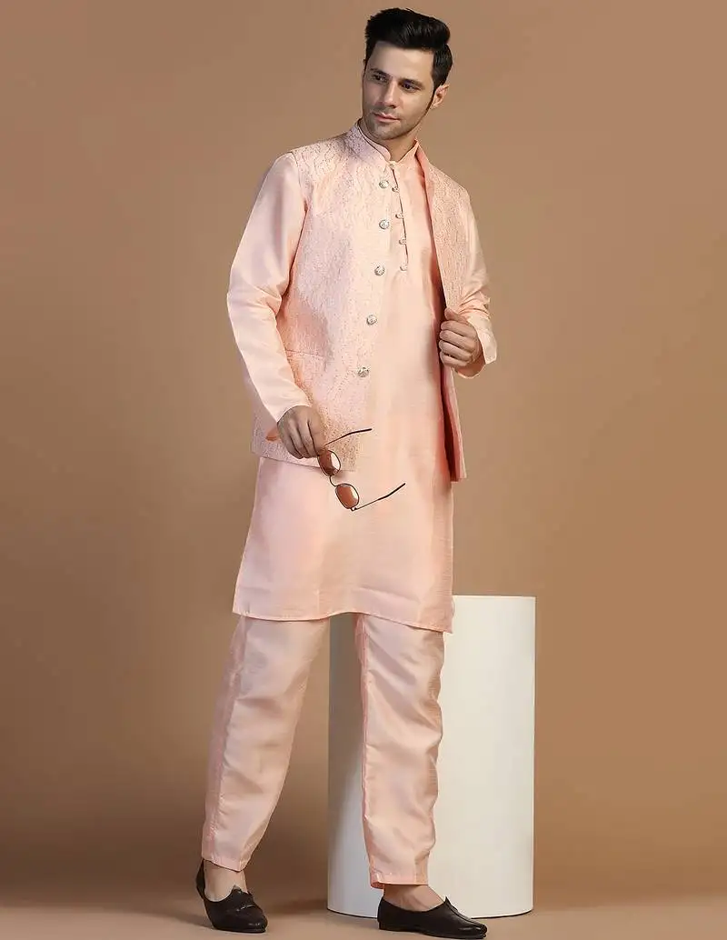Peach kurta set with embroidered jacket for men