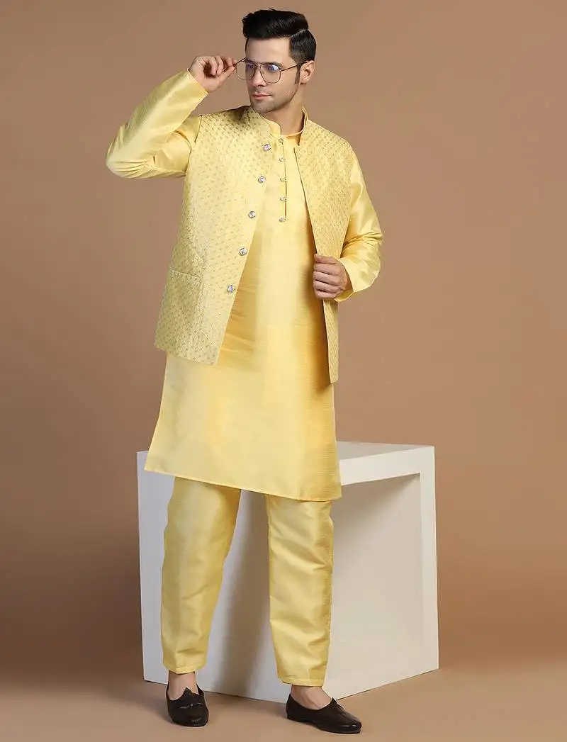 Yellow kurta set with embroidered jacket for men