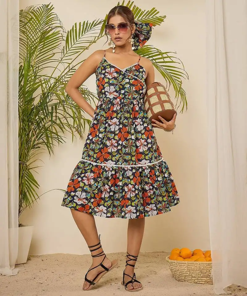 Navy blue floral print lace strap tiered dress stitched