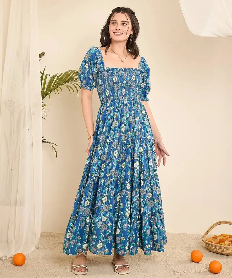 Blue floral print smocked flare dress stitched