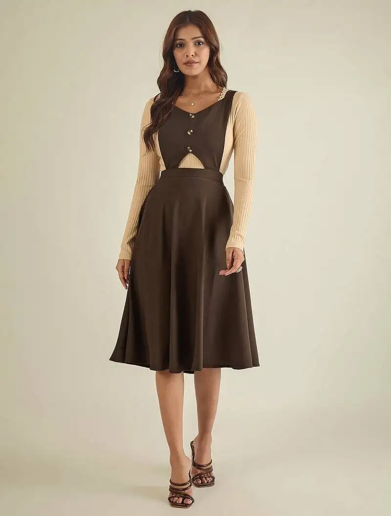 Women brown pinafore flared dress stitched
