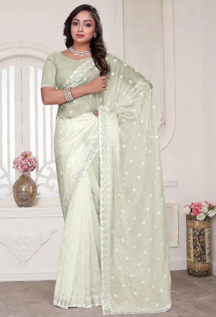 Cream sequin zarkan embroidered border saree with blouse piece