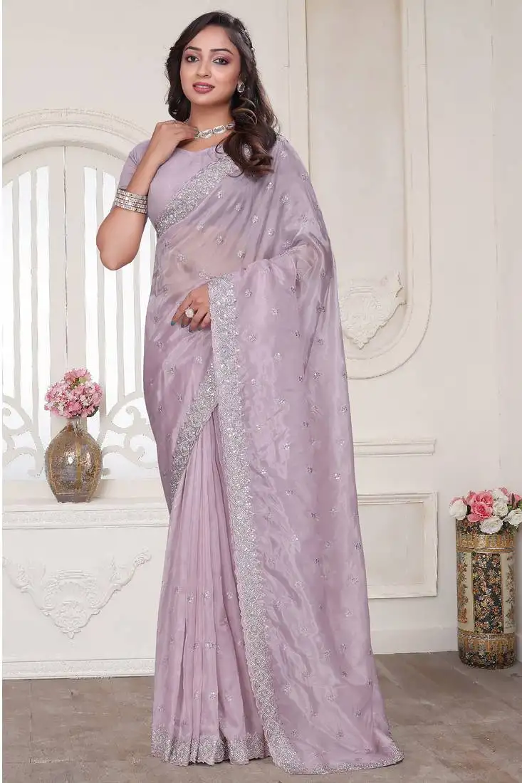 Lavender sequin zarkan embroidered border work saree with blouse piece