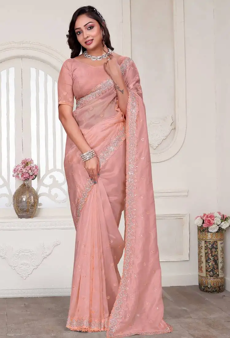 Peach sequin zarkan embroidered border saree with blouse piece