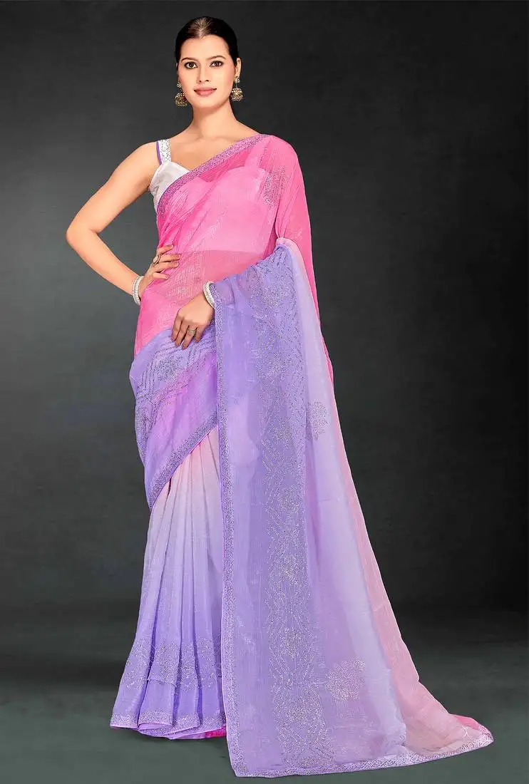 Purple digital printed swarovski stone border work saree
