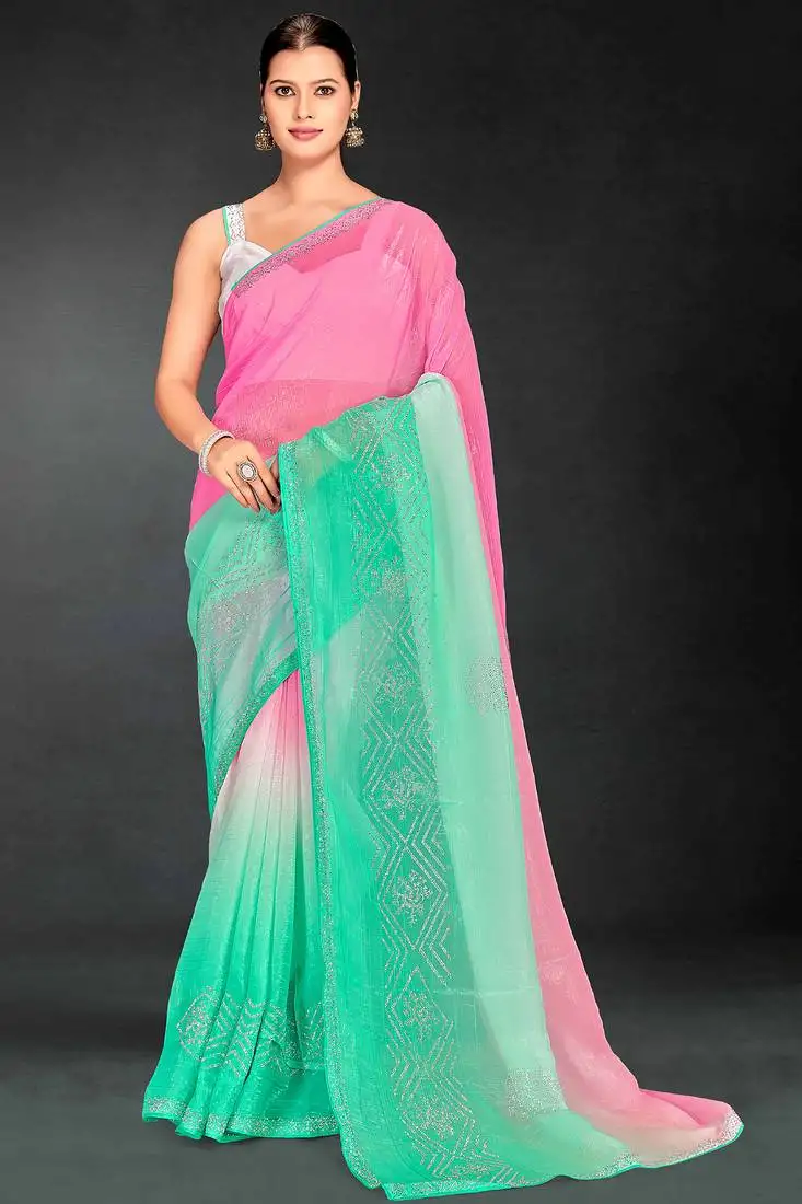 Sea green digital printed swarovski stone border work saree