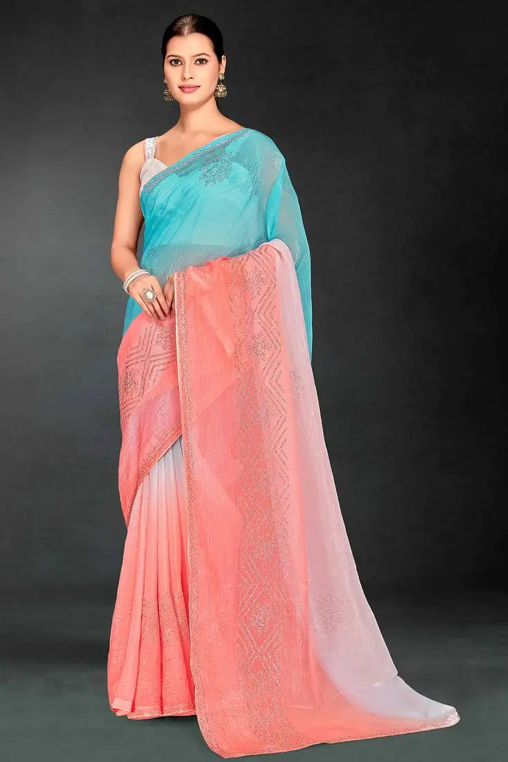 Sky blue peach digital printed swarovski stone border work saree