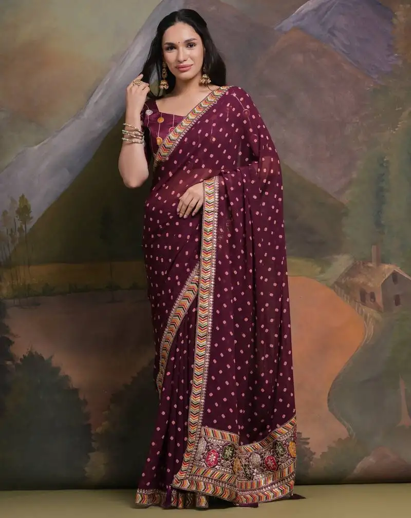 Purple bandhani printed georgette saree with embroidered border
