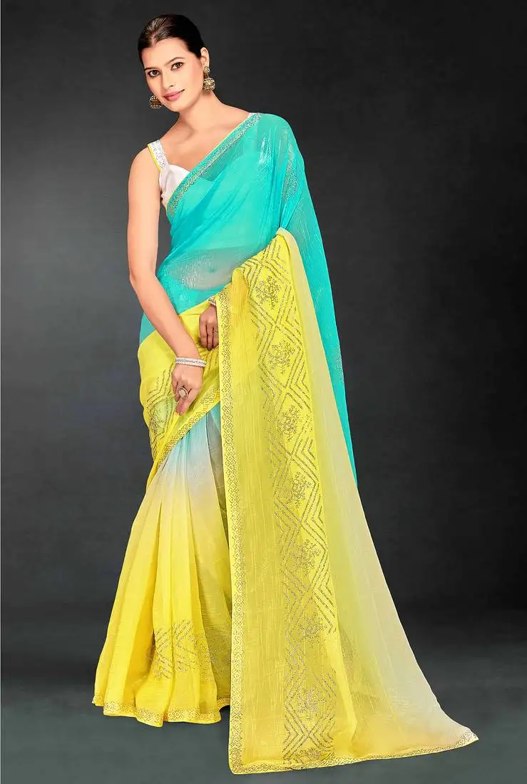 Yellow green digital printed swarovski stone border work saree