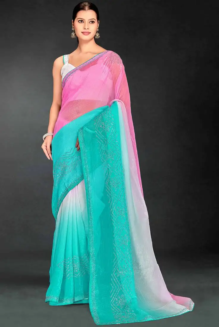 Pink sky blue digital printed swarovski stone border work saree