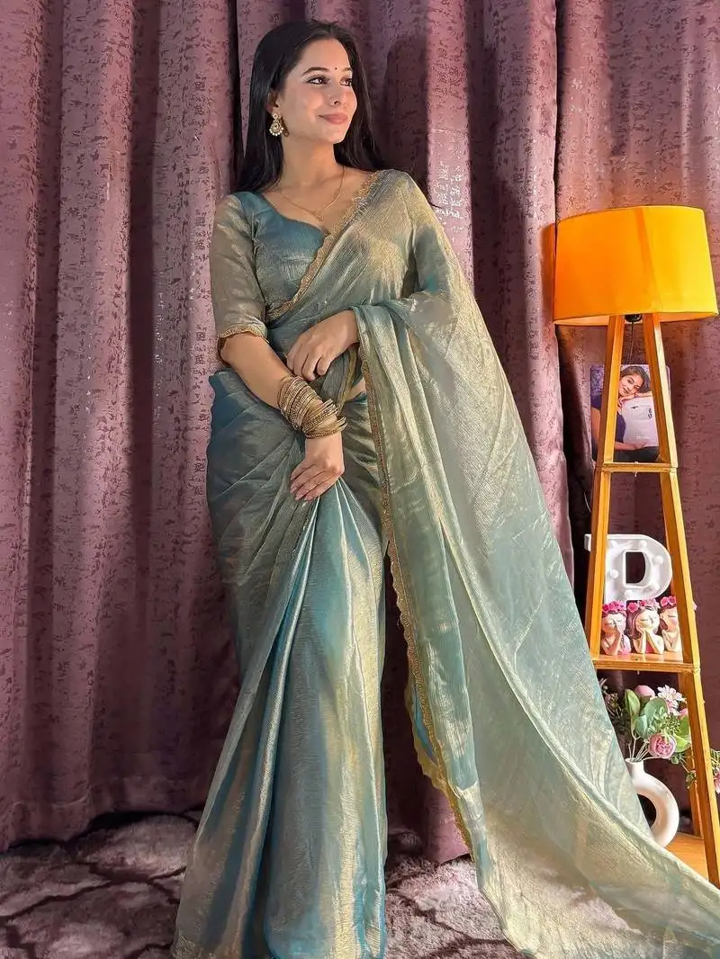 Blue silk blend beads hand work saree with blouse