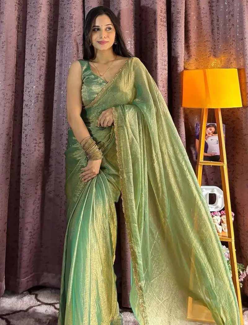 Green silk blend beads work mehendi wear saree