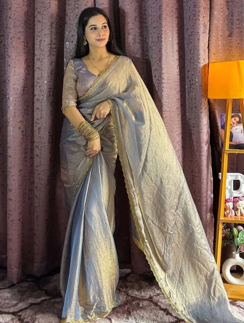 Grey silk blend hand work saree with blouse