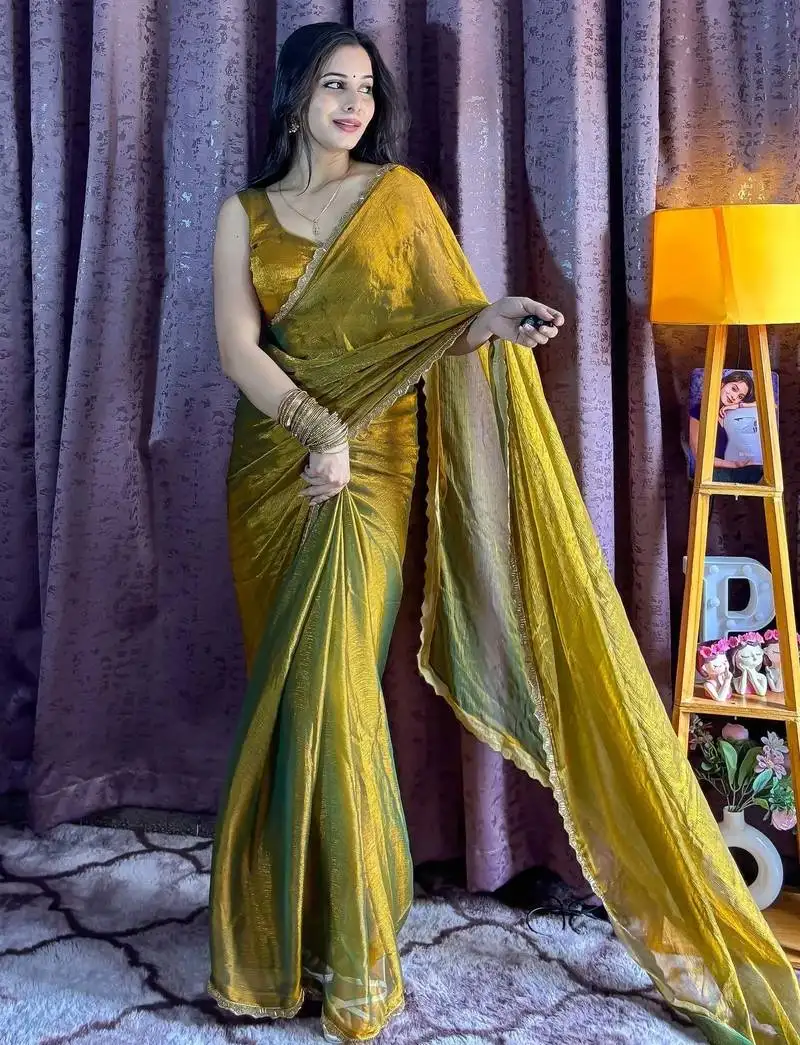 Mehendi beads work silk blend saree with blouse