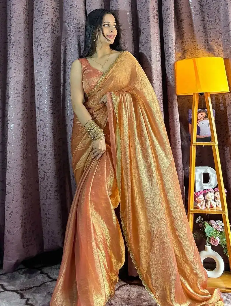 Orange silk blend hand work saree with blouse