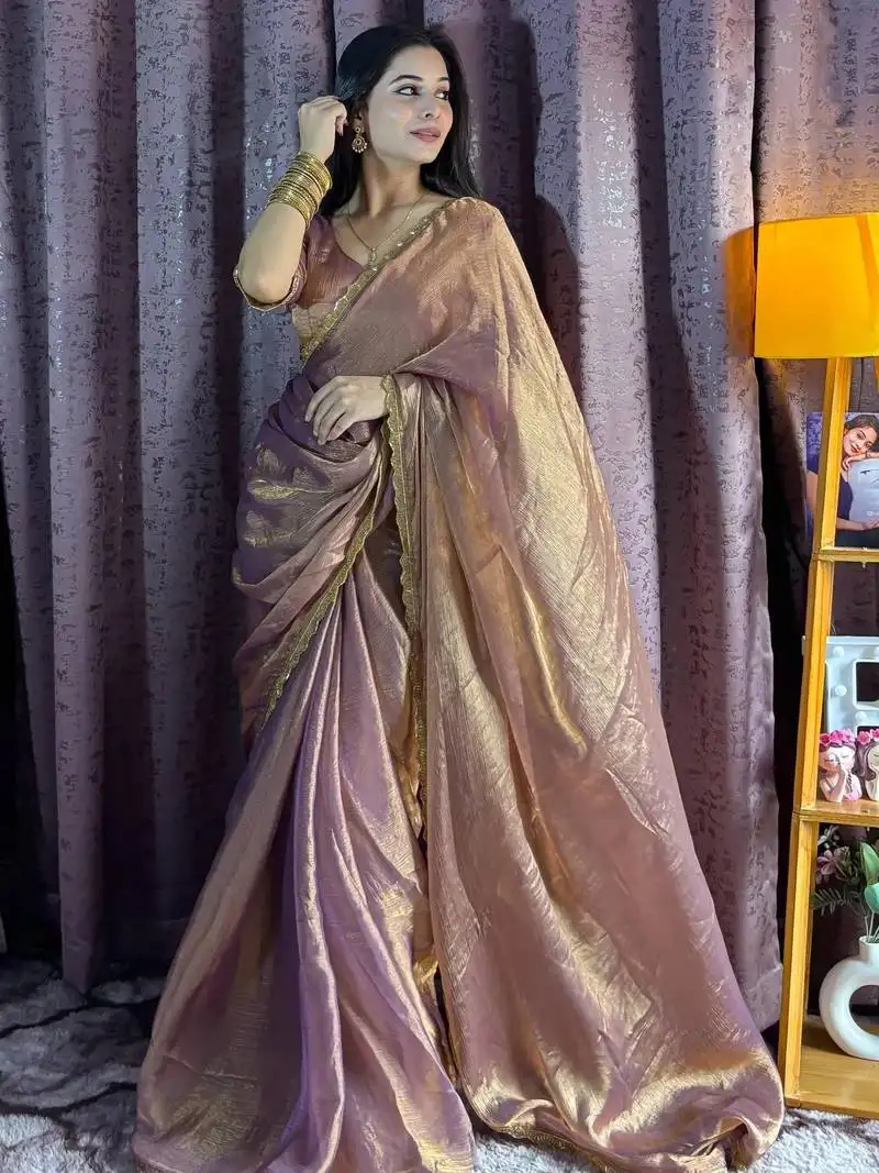 Rose gold beads work silk blend saree with blouse