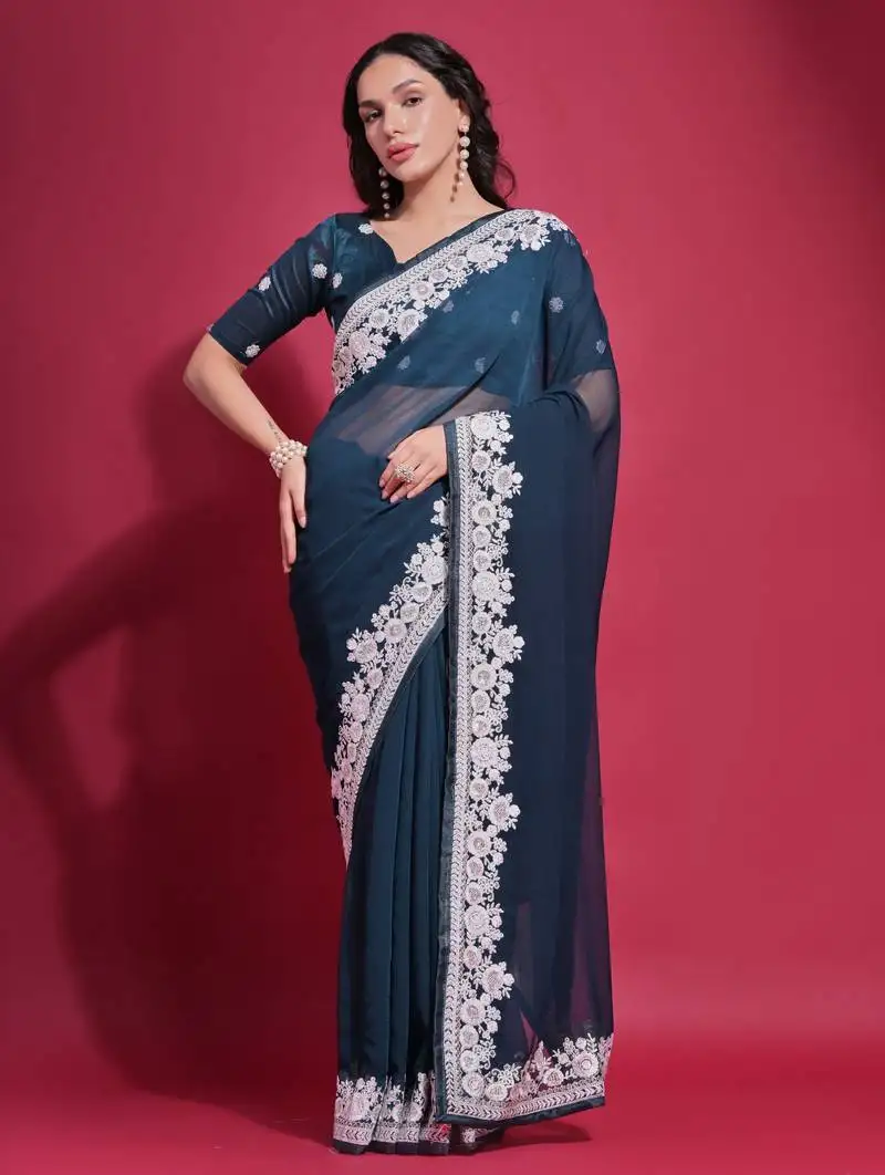 Blue georgette saree with floral embroidered border