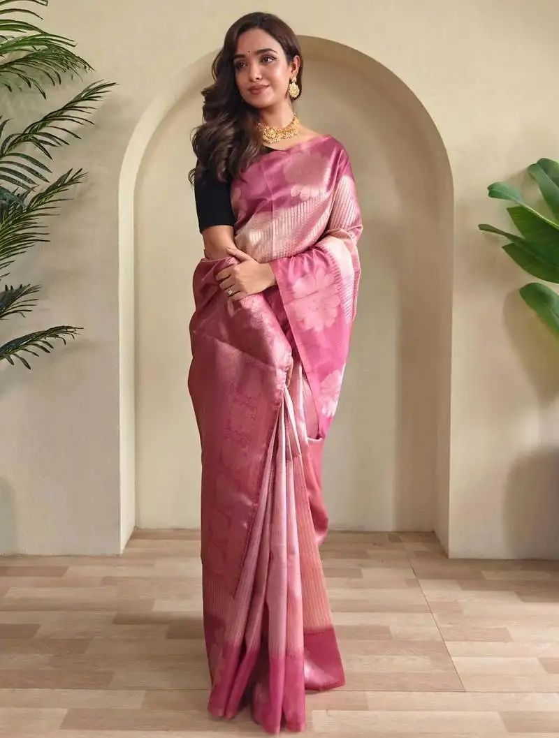 Pink silk blend party wear saree with blouse