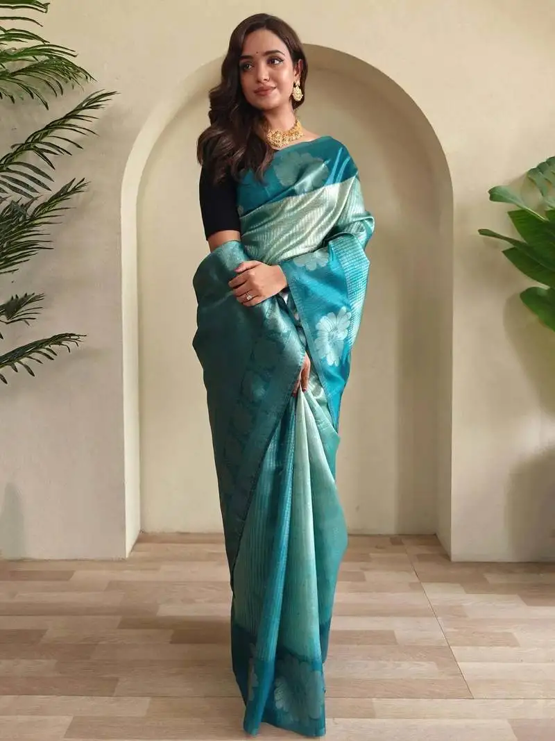 Sky blue silk blend weaving saree with blouse
