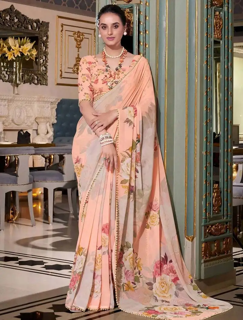 Peach georgette floral printed saree with blouse