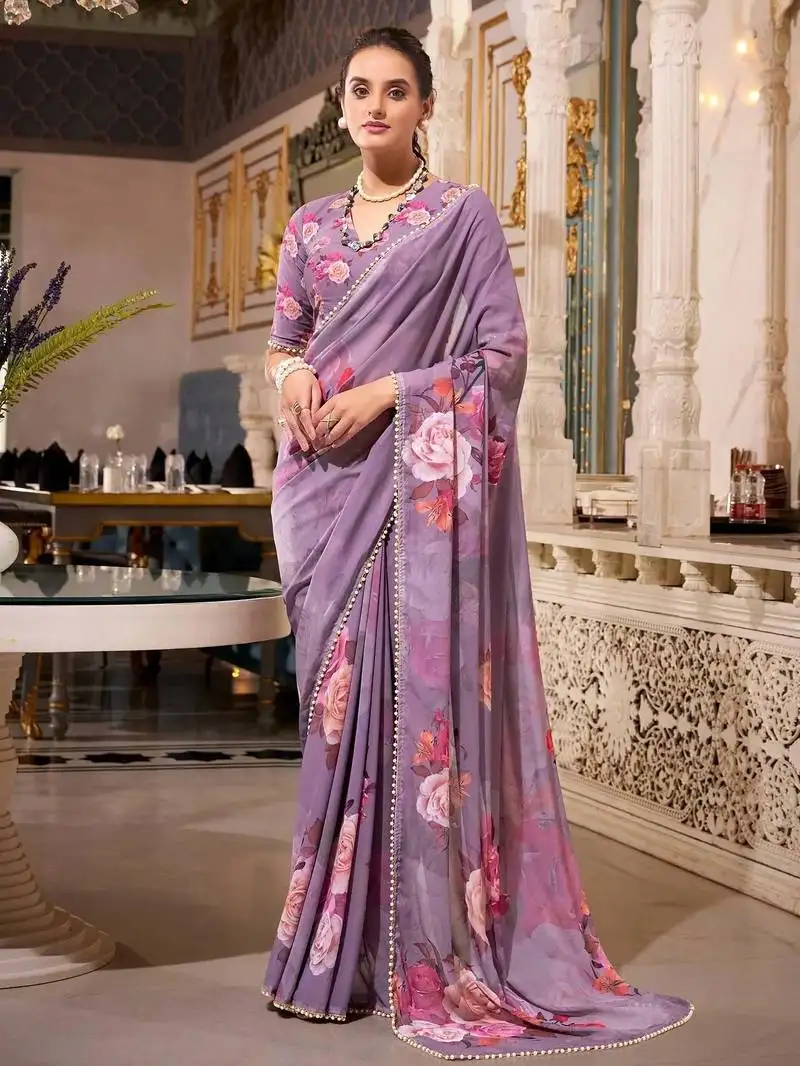 Grey floral printed georgette saree with blouse