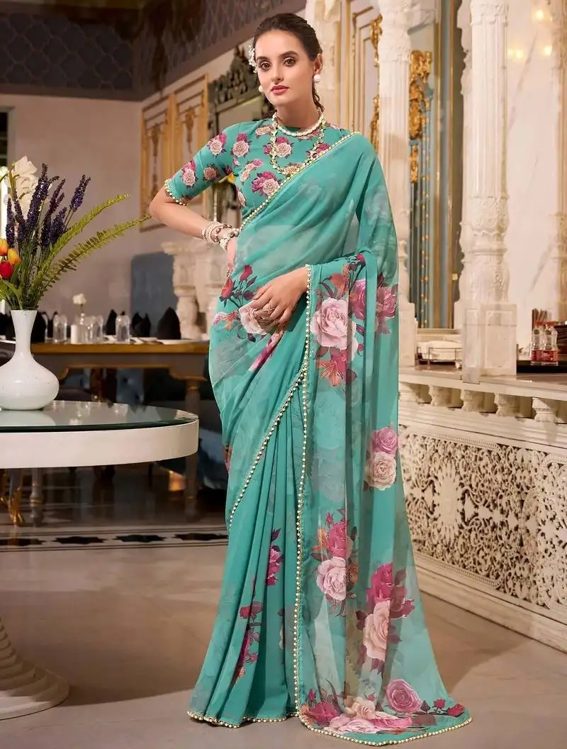 Green georgette floral printed saree with blouse