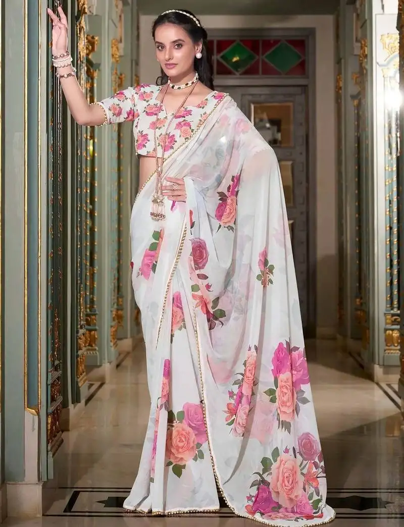 White georgette saree with blouse