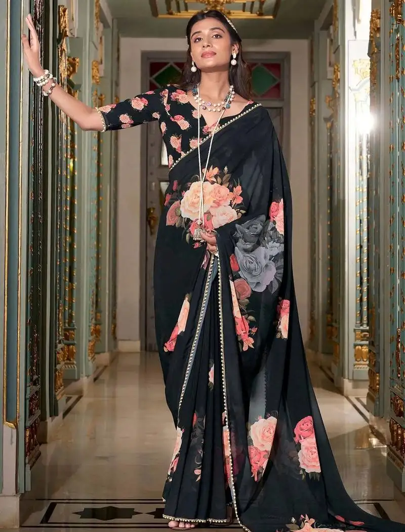 Black floral printed saree with blouse