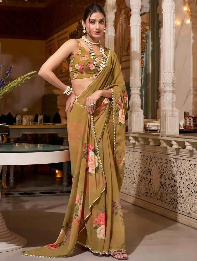 Brown georgette saree with blouse