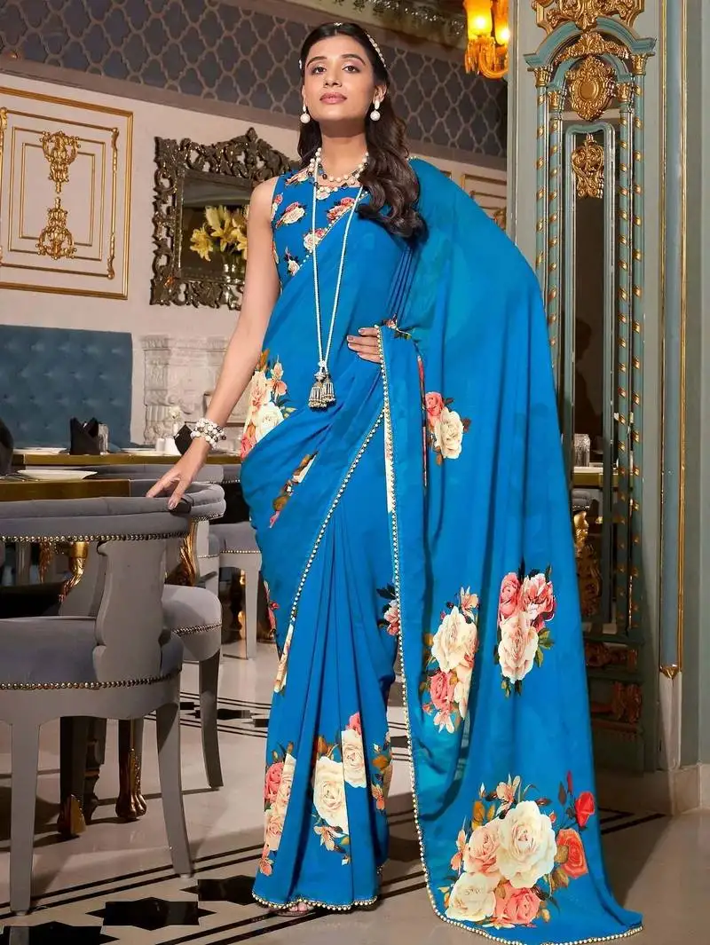 Firozi floral printed saree