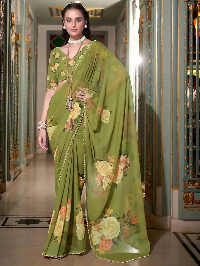 Mehendi georgette printed saree with blouse