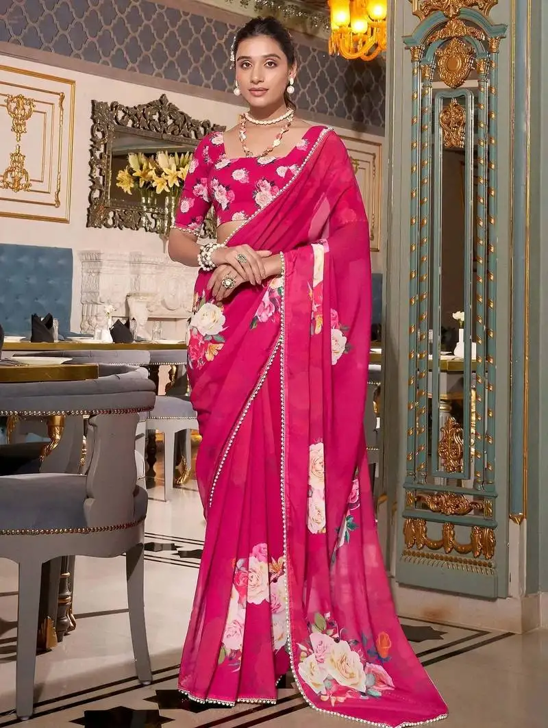 Pink floral print saree with blouse