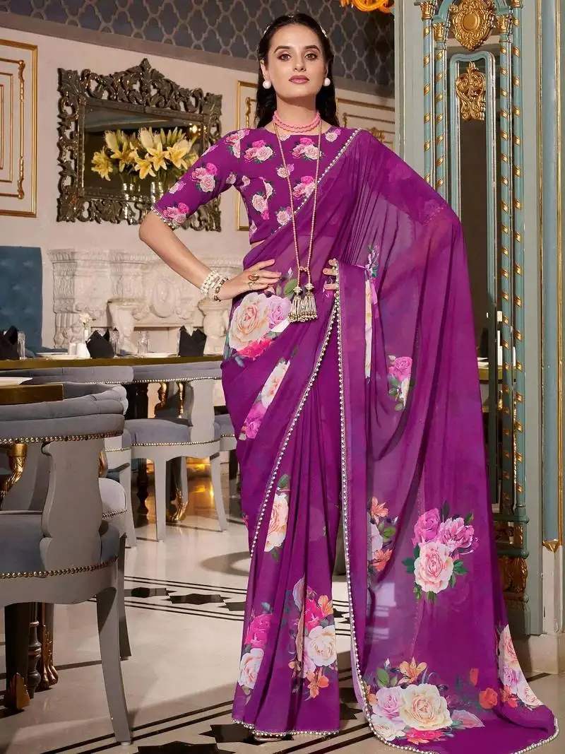 Purple georgette floral print saree with blouse