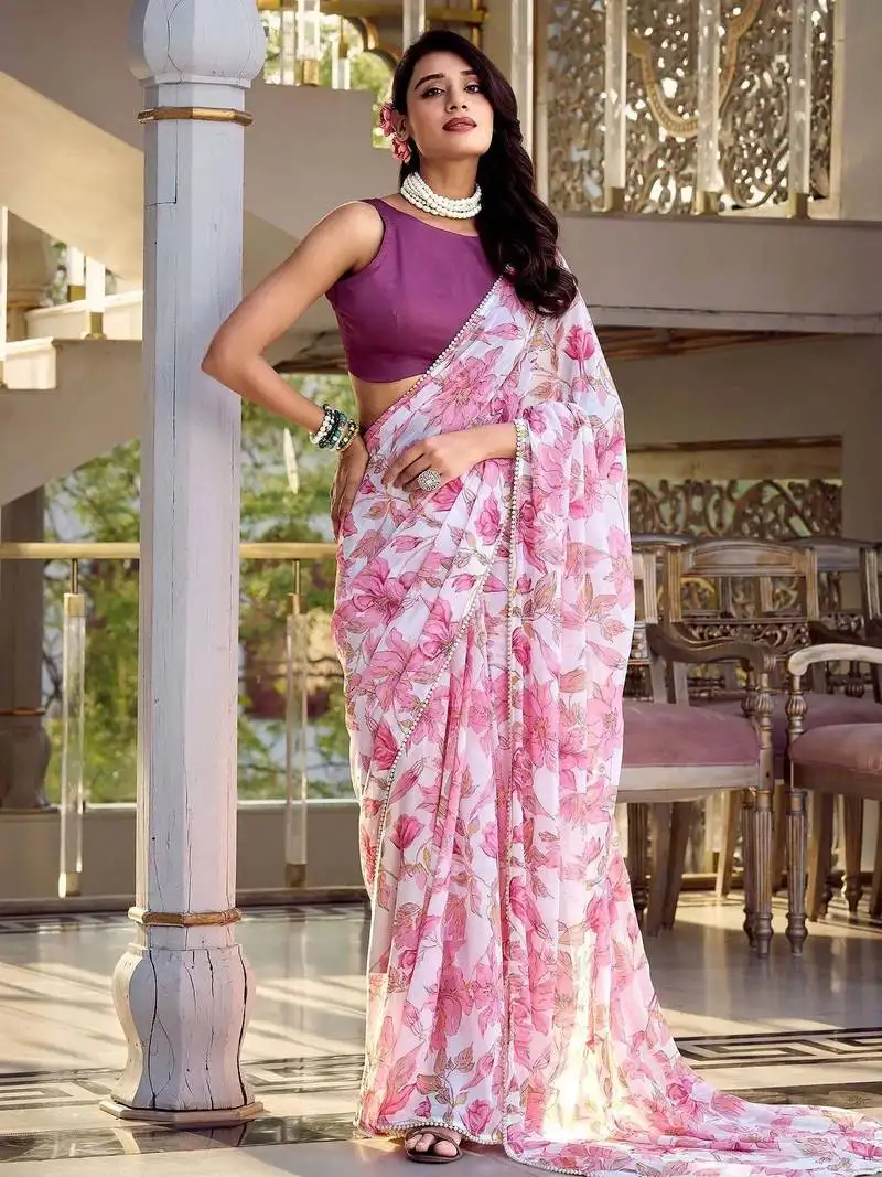 Light pink chiffon floral printed saree with blouse