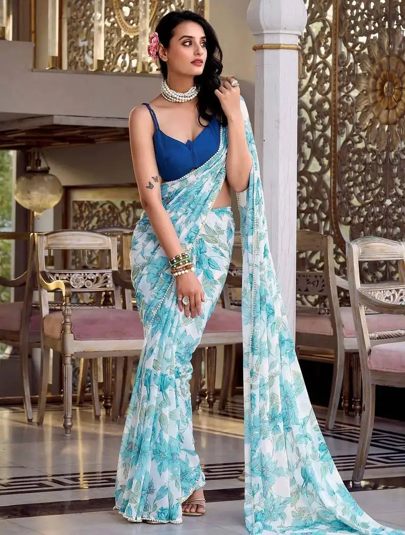 Sky blue floral printed saree with blouse
