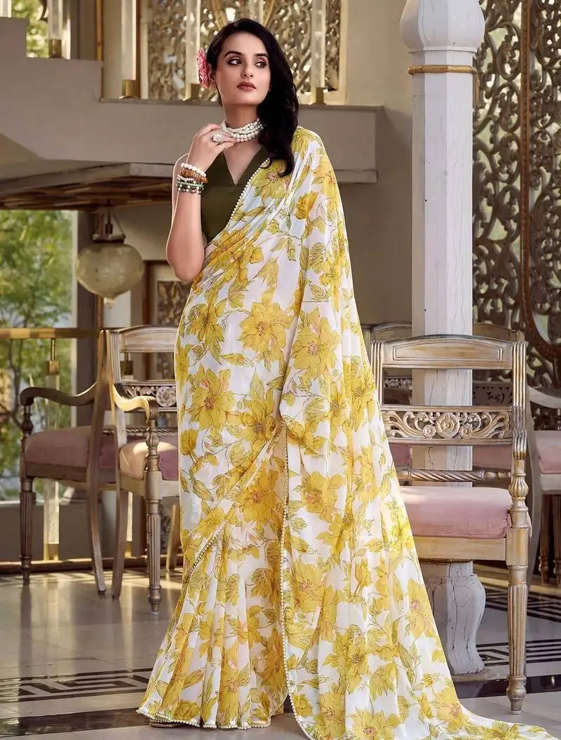 Yellow chiffon printed saree with blouse