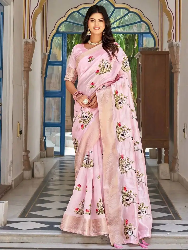 Pink silk blend thread embroidered saree with blouse