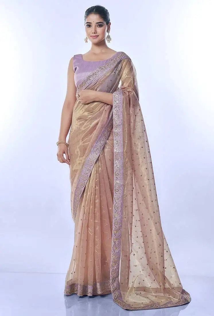 Beige net saree with sequin and embroidered work